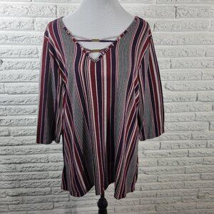 Como Blu Womens Top 2X Plus Knit 3/4 Sleeve Keyhole Burgundy Stripe STR115E